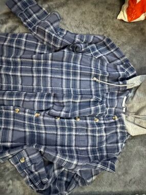 SO Navy Plaid Shirt with Gray Hood